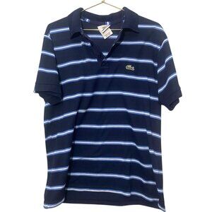 Lacoste Mens Polo Shirt Size 5 Large Navy Blue and Light Blue Striped Cotton Pol